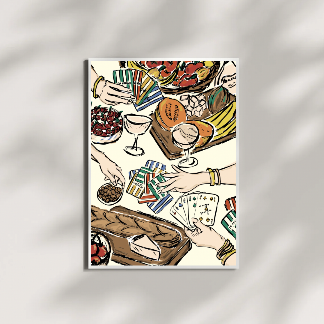 Illustration of people playing cards at a table with food and drinks on a white background